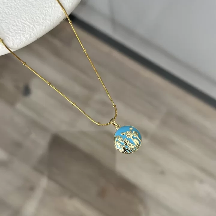 Mavi Mineli Kuşlu Açılır Kapaklı Kolye (40+5 cm)