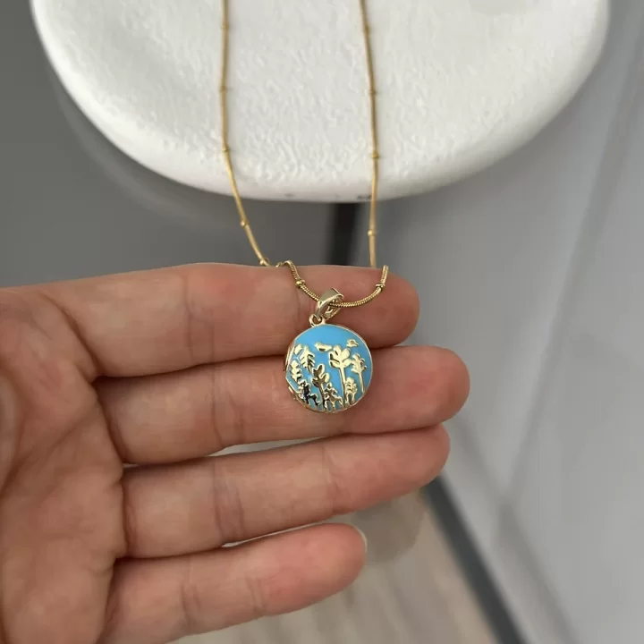Mavi Mineli Kuşlu Açılır Kapaklı Kolye (40+5 cm)