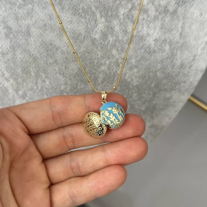 Mavi Mineli Kuşlu Açılır Kapaklı Kolye (40+5 cm)