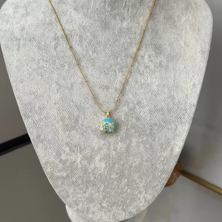 Mavi Mineli Kuşlu Açılır Kapaklı Kolye (40+5 cm)