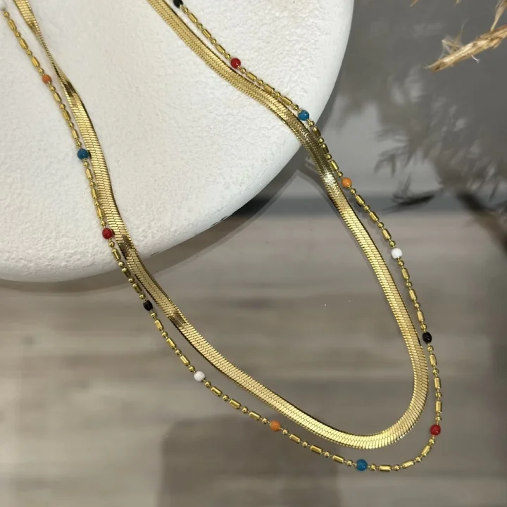 Çelik İkili Mineli Renkli İtalyan Kolye (40+5 cm)