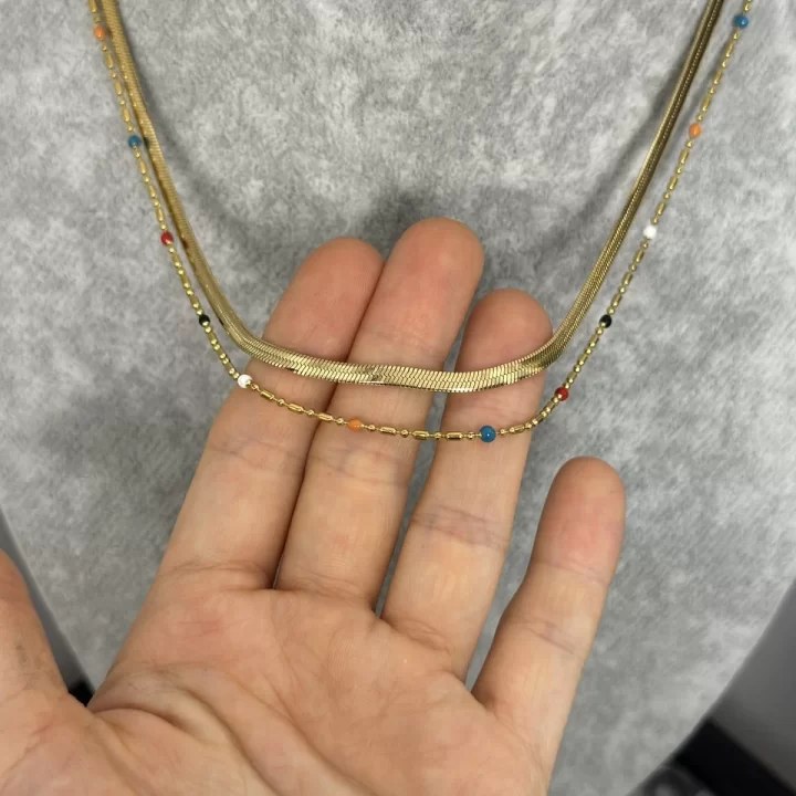 Çelik İkili Mineli Renkli İtalyan Kolye (40+5 cm)