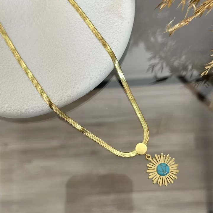 Çelik Turkaz Taşlı Güneş Kolye (40+5 cm)