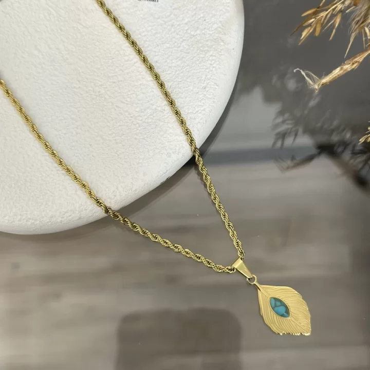 Çelik Turkuaz Taşlı Yaprak Kolye (40+5 cm)