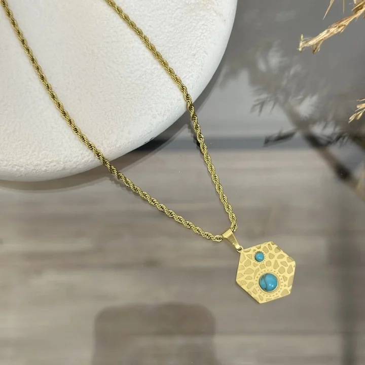 Çelik Turkuaz Taşlı Altıgen Kolye (40+5 cm)