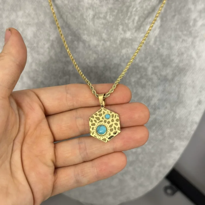 Çelik Turkuaz Taşlı Altıgen Kolye (40+5 cm)