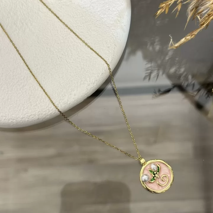 Çelik Pembe Mineli İncili Vintage Kolye (40+5 cm)