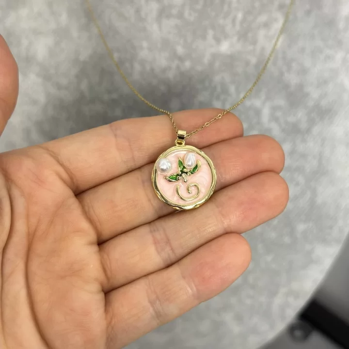 Çelik Pembe Mineli İncili Vintage Kolye (40+5 cm)