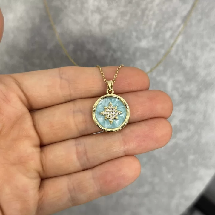Çelik Mavi Mineli Kuzey Yıldızı Kolye (40+5 cm)