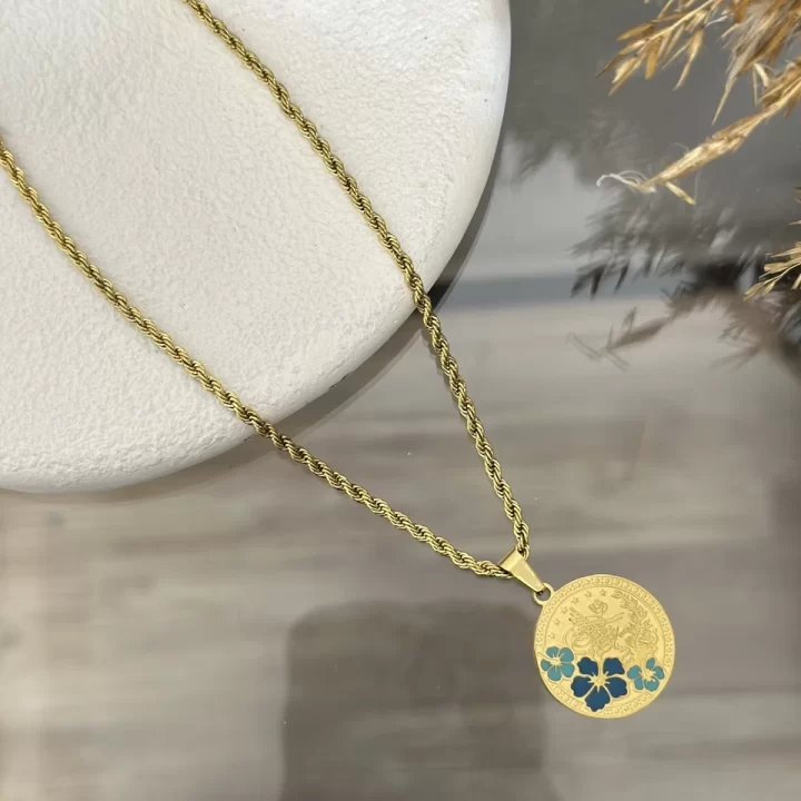 Çelik Mavi Çiçekli Tuğralı Kolye (40+5 cm)