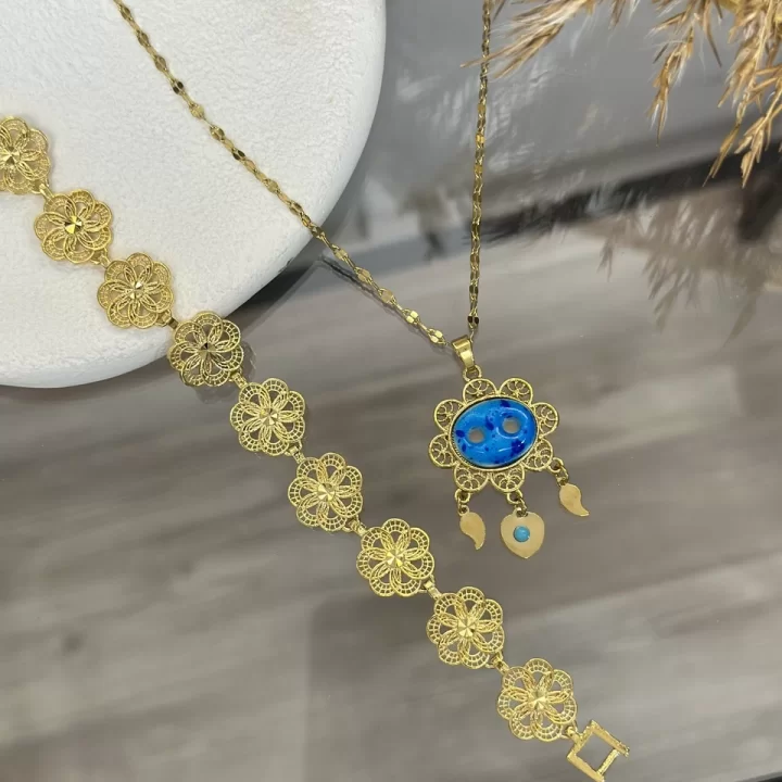 22 Ayar Telkari İşlemeli Süryani Kolye Kombin (45 cm)