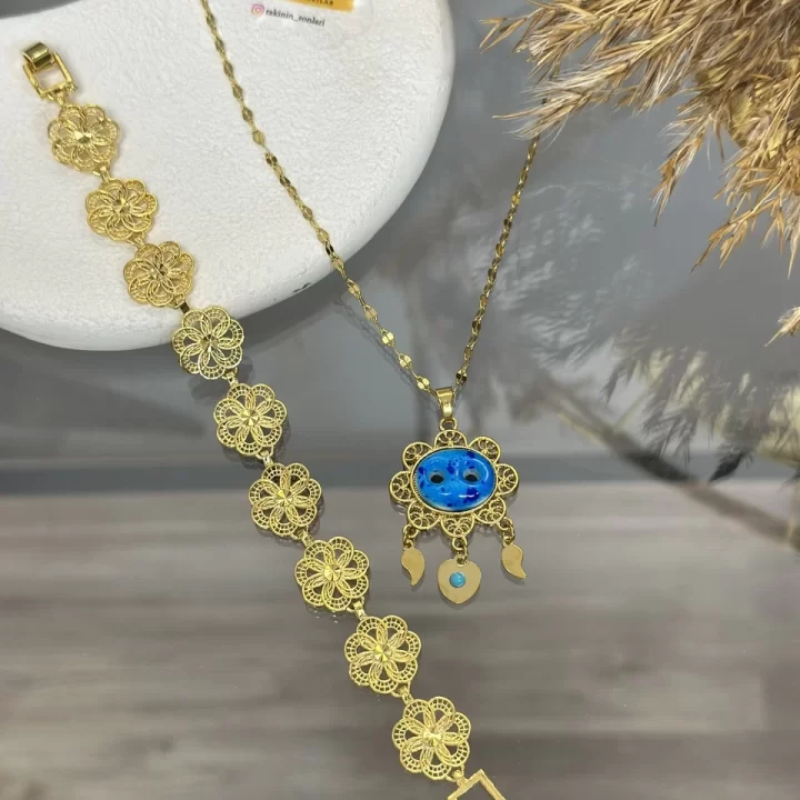 22 Ayar Telkari İşlemeli Süryani Kolye Kombin (45 cm)