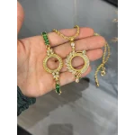 Çeyreklik Yaprak Detaylı Yeşil Taşlı Kombin (Kolye 60 cm)