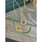 Çeyreklik Yaprak Detaylı Yeşil Taşlı Kombin (Kolye 60 cm)