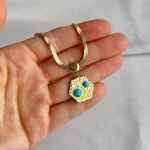Mavi (Firuze) Taşlı-Altıgen Uçlu Kolye