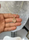 Ezme Pullu Zincir Pembe Taşlı Vintage Kolye (55 cm)