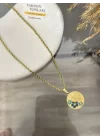 Çelik Mavi Çiçekli Tuğralı Kolye (40+5 cm)