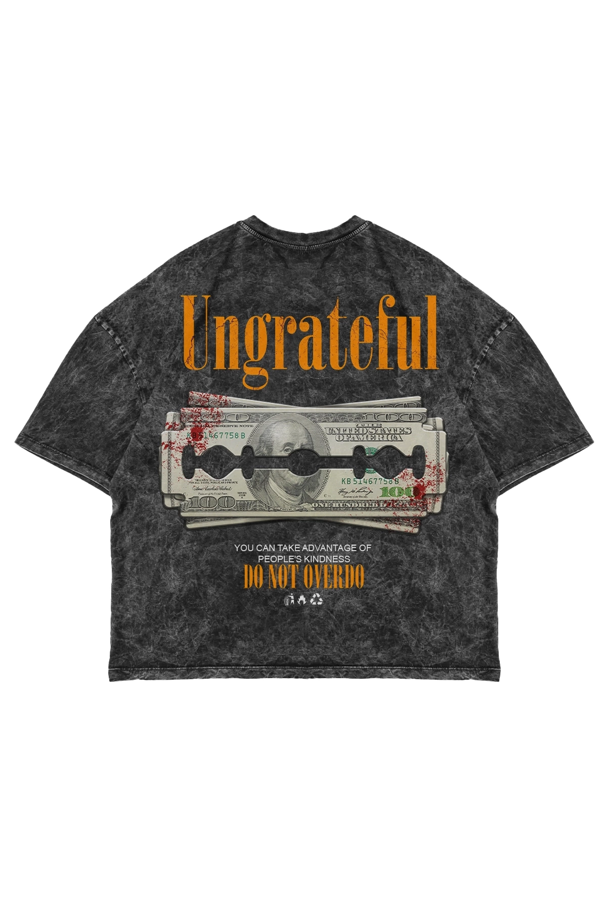 Ungrateful Baskılı Yıkamalı Siyah Oversize Unisex Tshirt