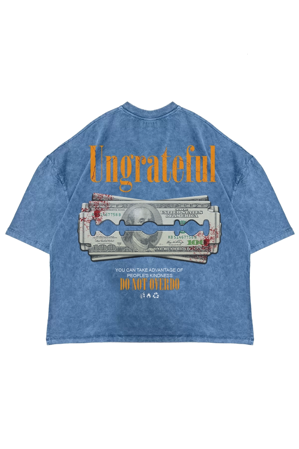 Ungrateful Baskılı Yıkamalı Mavi Oversize Unisex Tshirt