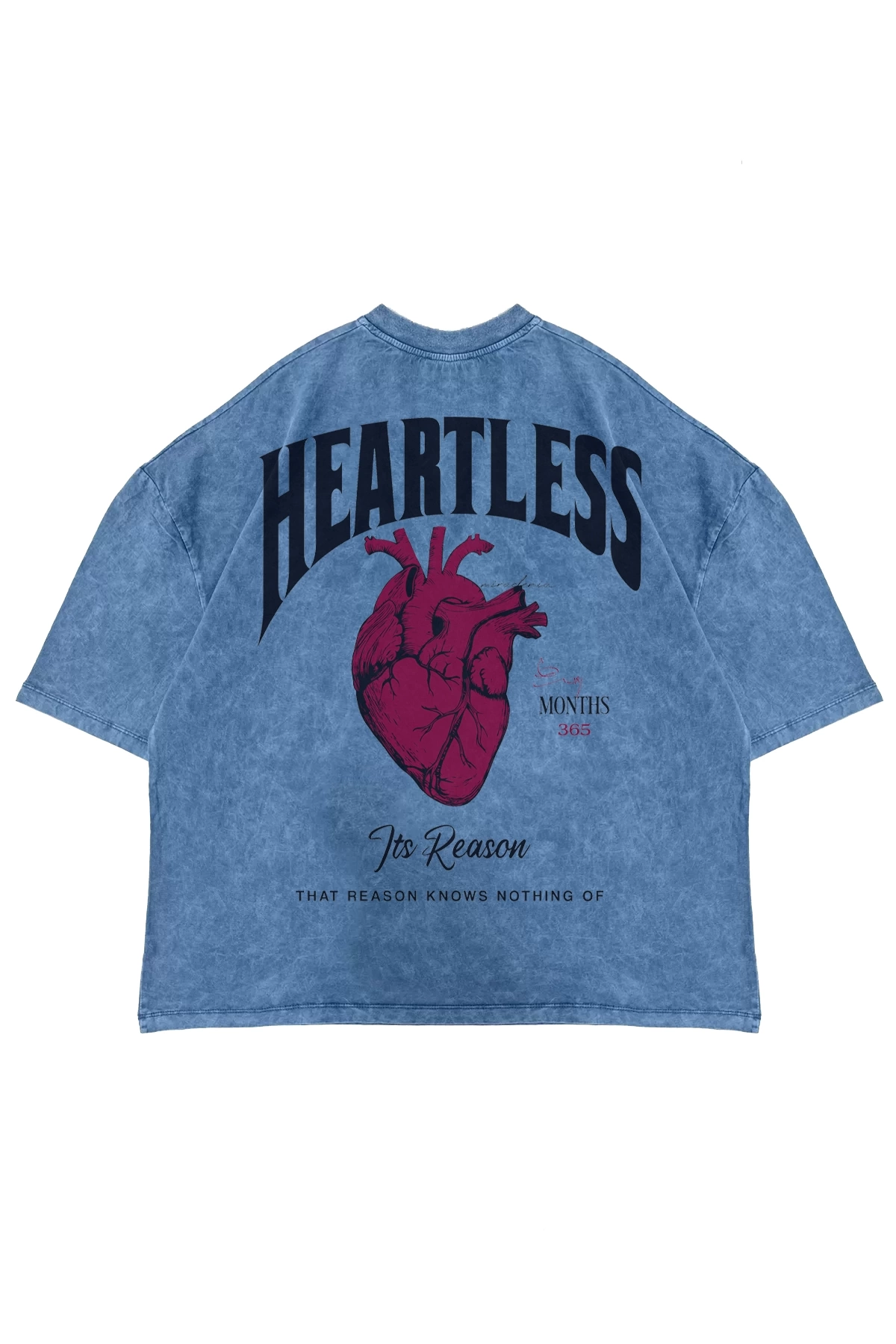 Heartless Baskılı Yıkamalı Mavi Oversize Unisex Tshirt