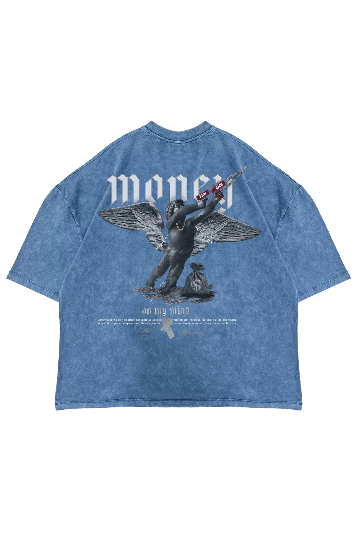 Money Baskılı Yıkamalı Mavi Oversize Unisex Tshirt