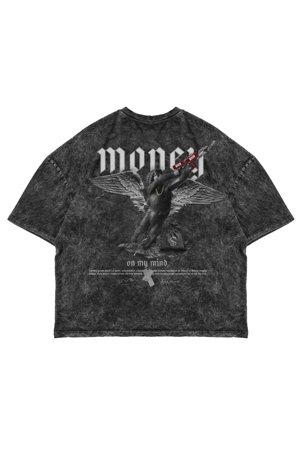 Money Baskılı Yıkamalı Siyah Oversize Unisex Tshirt