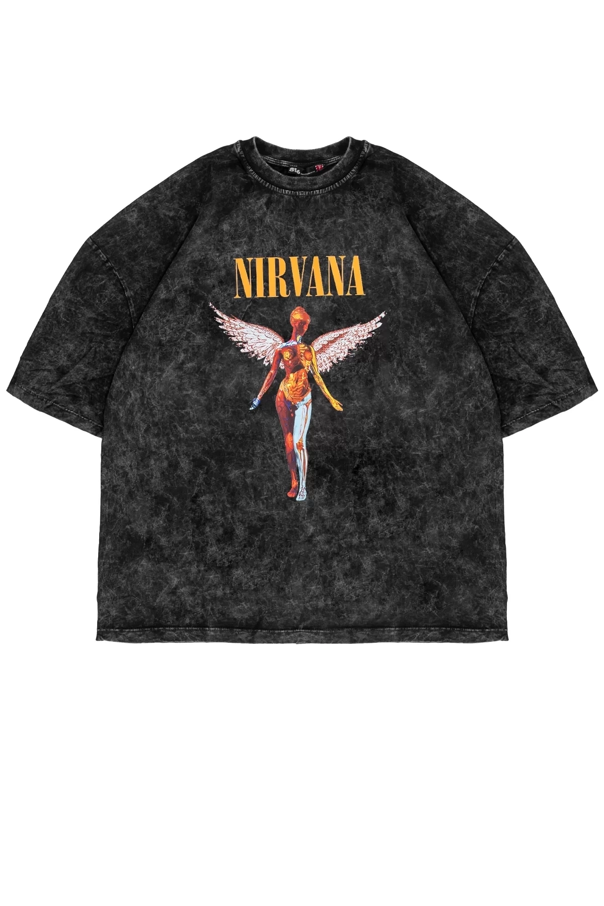 Nirvana Angel Baskılı Oversize Unisex Yıkamalı Siyah Tshirt