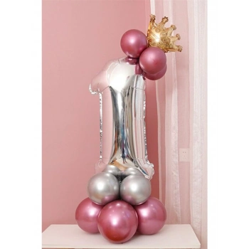 1 Yaş Krom Pembe-Gümüş Renkler Altın Taçlı Balon Seti