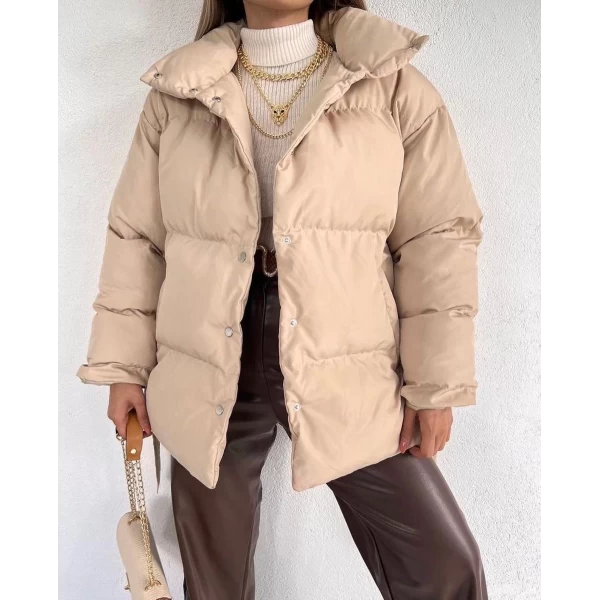 Beli Bağçıklı Çıtçıtlı Şişme Mont