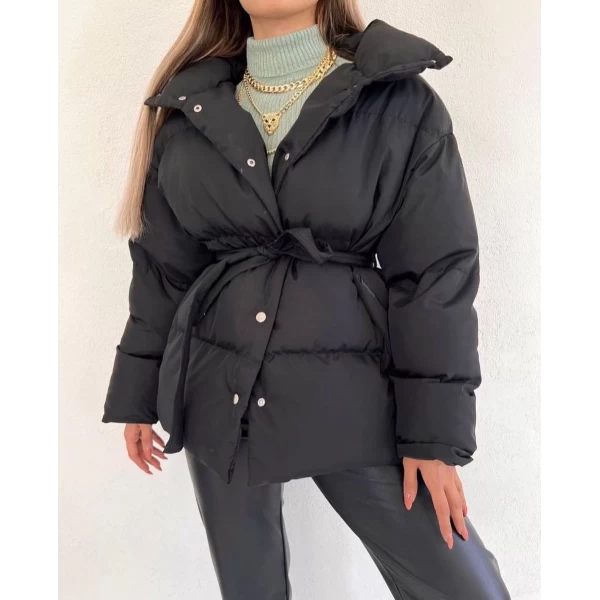 Beli Bağçıklı Çıtçıtlı Şişme Mont