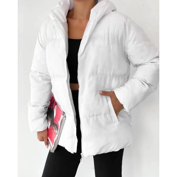 Beyaz Kapşonlu Puffer Şişme Mont