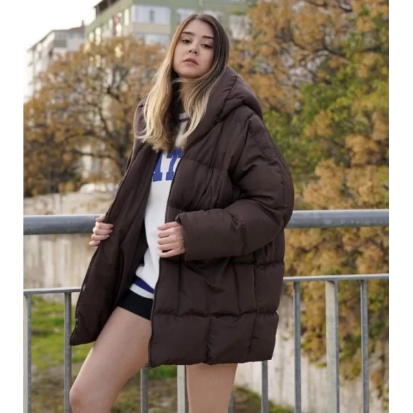 Kahve Yarasa Kol Oversize Şişme Mont