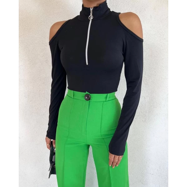 Omuz Dekolte Fermuarlı Bodysuit
