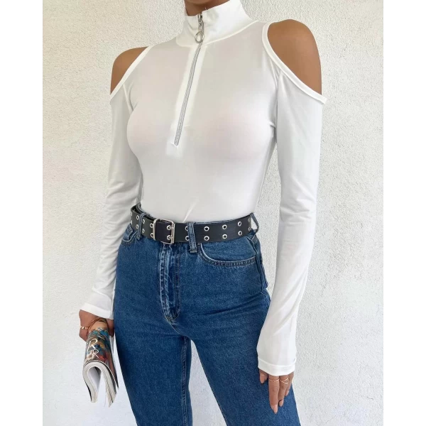 Omuz Dekolte Fermuarlı Bodysuit