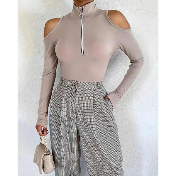Omuz Dekolte Fermuarlı Bodysuit
