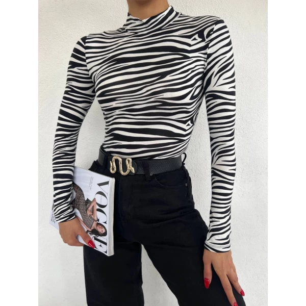 Dik Yaka Zebra Desenli Crop