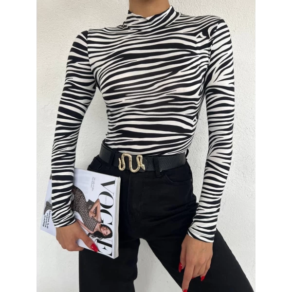 Dik Yaka Zebra Desenli Crop