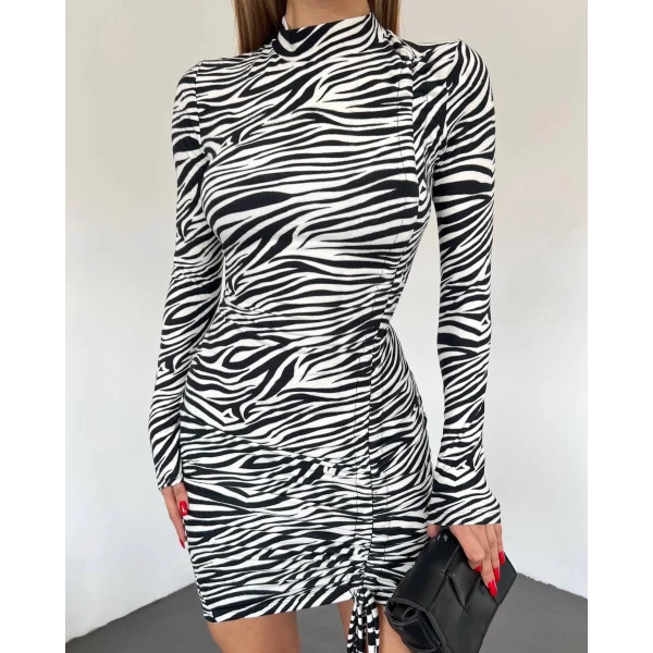 Önü Büzgülü Zebra Elbise