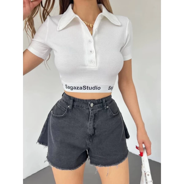 Polo Yaka Bantlı Crop