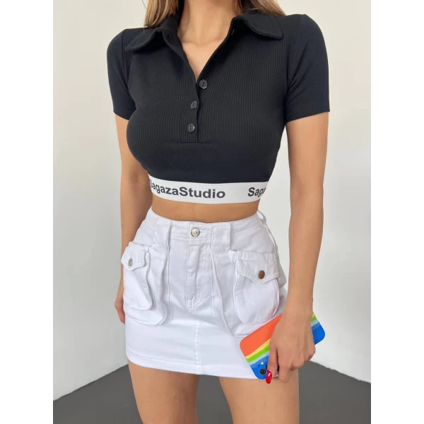 Polo Yaka Bantlı Crop