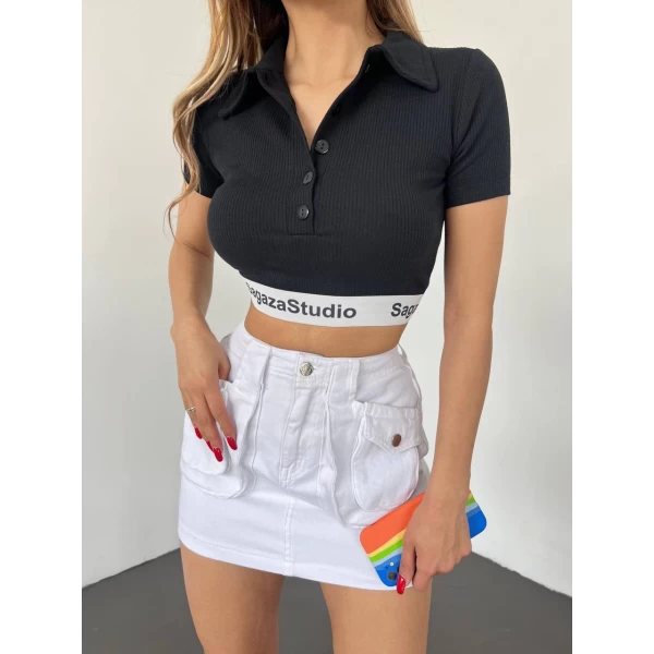 Polo Yaka Bantlı Crop