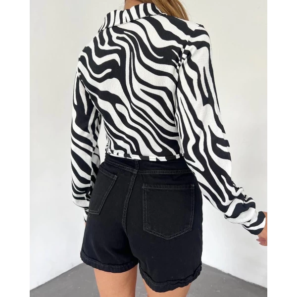 Zebra Desen Önü Bağcıklı Gömlek