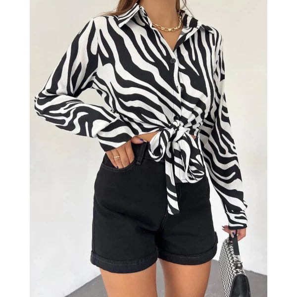 Zebra Desen Önü Bağcıklı Gömlek