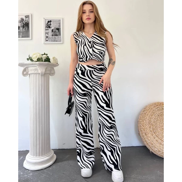 Zebra Desen Yelekli İkili Takım