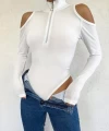 Omuz Dekolte Fermuarlı Bodysuit