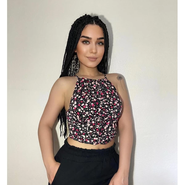Önü büzgülü desen crop
