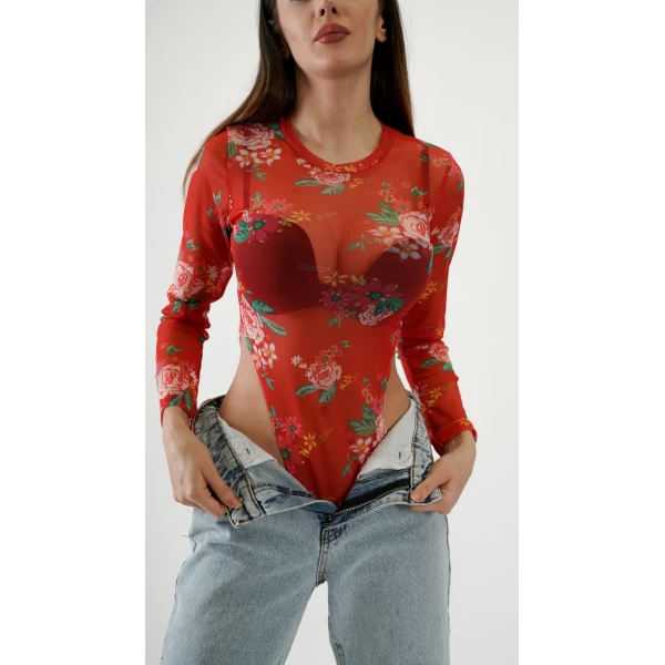Çiçek Desen Transparan Bodysuit