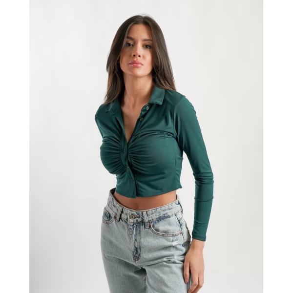 Polo Yaka Düğmeli Crop