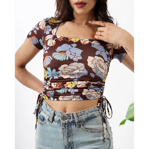 Çiçek Desen Yandan Büzgülü Crop