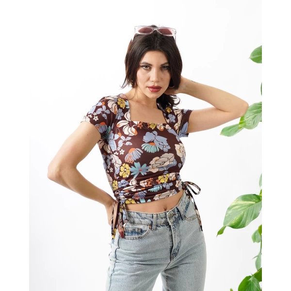 Çiçek Desen Yandan Büzgülü Crop